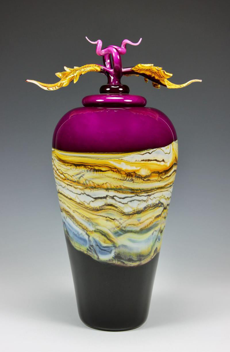 Reddish Amethyst Strata Covered Glass Vessel with leaf