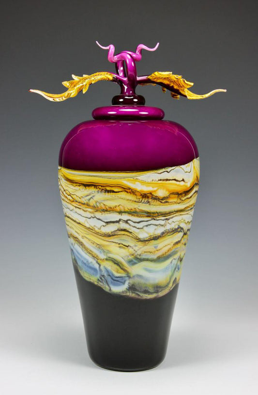 Reddish Amethyst Strata Covered Glass Vessel with leaf