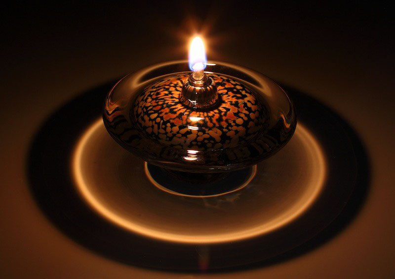 Opaque Silver Blue Hand blown Glass Saturn Oil Lamp lit wick