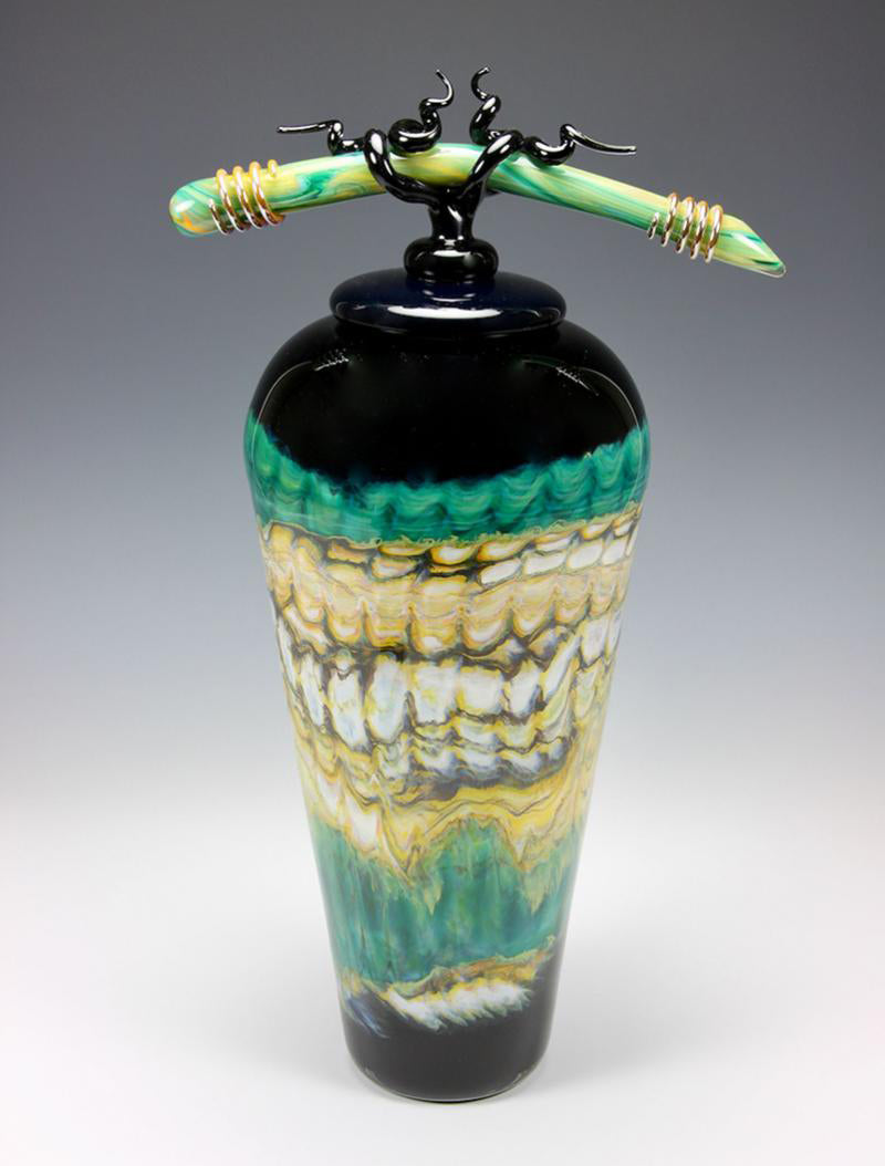 Black Opal Turquoise Glass Covered Jar with Bone and Tendril Finial