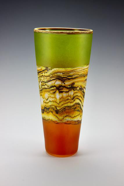 Lime and Tangerine Strata Frosted Glass Cone Vase