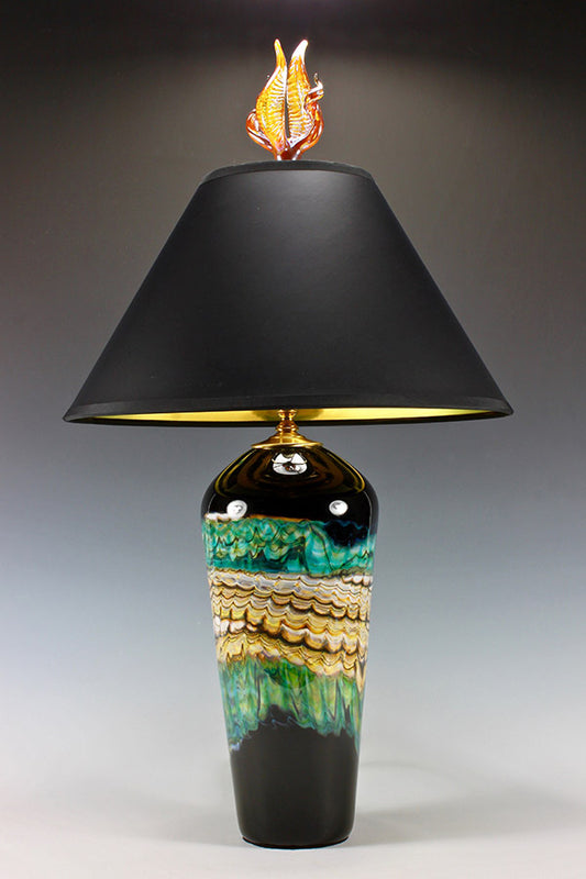 Black Opal Table Lamp in turquoise with tulip and tendril finial
