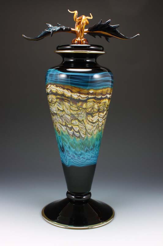 Black Opal Turquoise Footed Vessel with Avian Finial