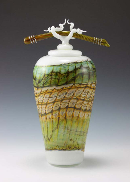 White Opal Hand Blown Glass Covered Jar with bone and tendril finial