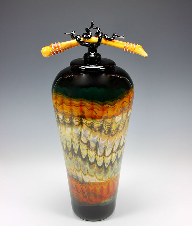 Black Opal Tangerine Glass Covered Jar with Bone and Tendril Finial