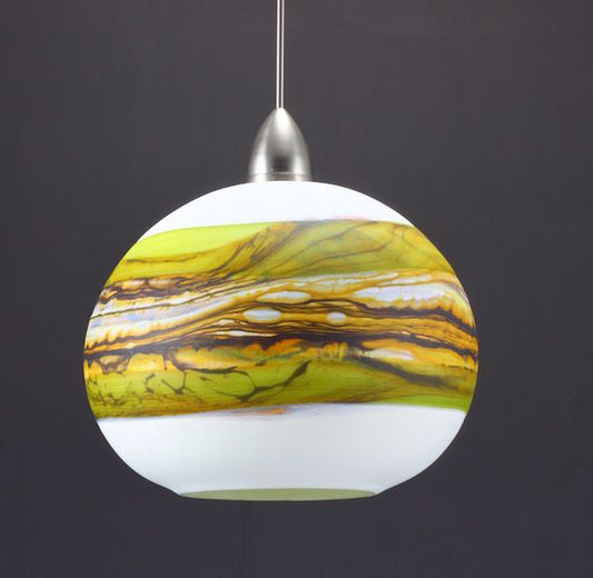 Round Strata Hand Blown Glass Pendant in white and lime