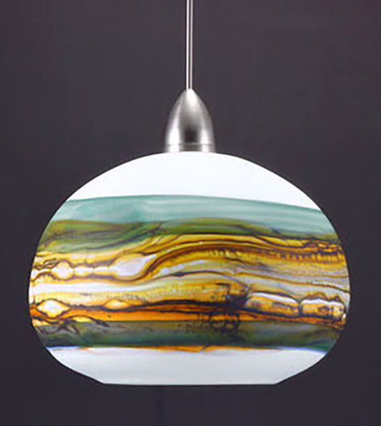 Strata Round Hand Blown Glass Pendant in white opal and sage