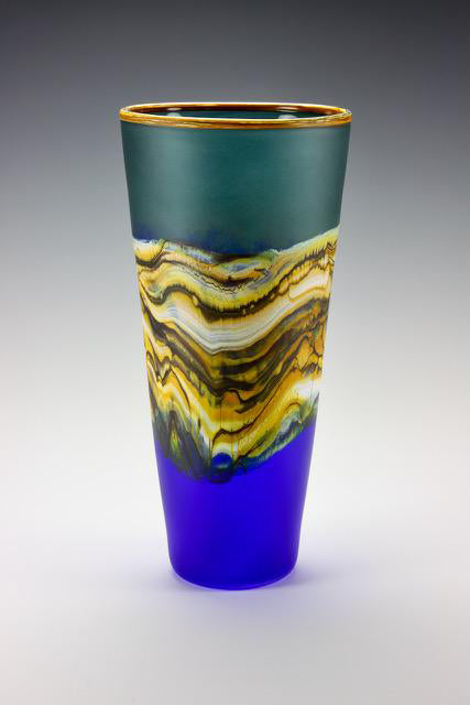 Sage and Cobalt Strata Glass Cone Sandblasted Vase
